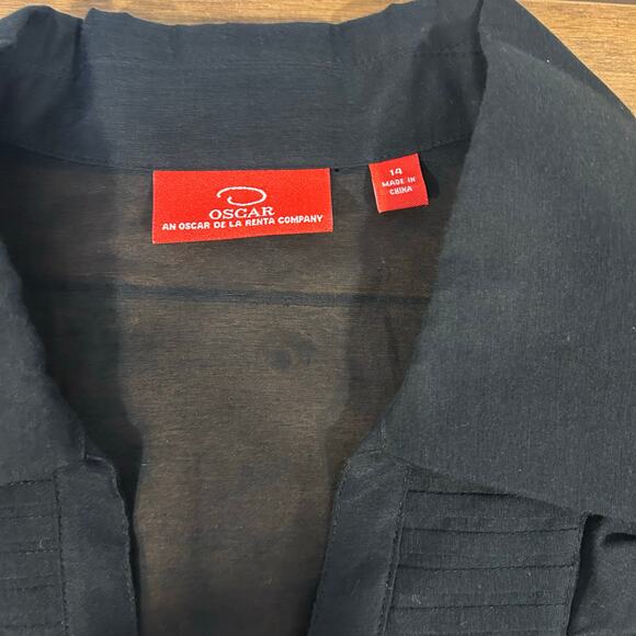 OSCAR DE LA RENTA Sz 14 Black Sheer Button Up Ruffle Pleated Classic Old Money - Picture 6 of 10